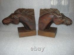 Vintage J Pinal Signed Hand Carved Wooden Horse head Bookends Mexican Folk Art