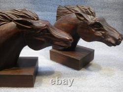 Vintage J Pinal Signed Hand Carved Wooden Horse head Bookends Mexican Folk Art