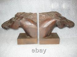 Vintage J Pinal Signed Hand Carved Wooden Horse head Bookends Mexican Folk Art