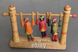 Vintage Japanese Folk Art Kokeshi Style 3 Dolls on a Swing 5x3.5 Hand Carved