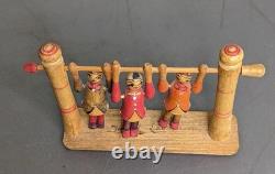 Vintage Japanese Folk Art Kokeshi Style 3 Dolls on a Swing 5x3.5 Hand Carved