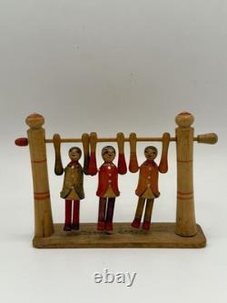 Vintage Japanese Folk Art Kokeshi Style 3 Dolls on a Swing 5x3.5 Hand Carved