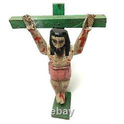 Vintage Jesus On The Cross Hand Carved Crucifix Religious Primitive Folk Art