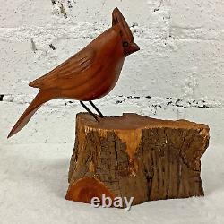 Vintage John Cowdon Hand Carved Wooden Cardinal On A Stump Tennessee 6 Folk Art