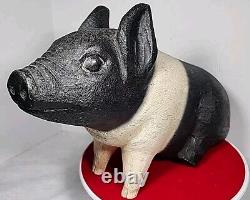 Vintage KEN HOLZER 1990 Carved Folk Art Wood Pig Black White Hog Door Stop Paper