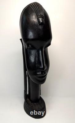 Vintage Kenya African Folk Art Carved Blackwood Tribal Warrior Bust Head 9 1/2
