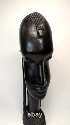 Vintage Kenya African Folk Art Carved Blackwood Tribal Warrior Bust Head 9 1/2