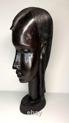 Vintage Kenya African Folk Art Carved Blackwood Tribal Warrior Bust Head 9 1/2