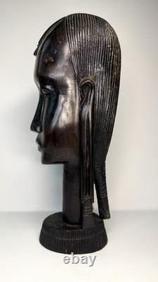 Vintage Kenya African Folk Art Carved Blackwood Tribal Warrior Bust Head 9 1/2