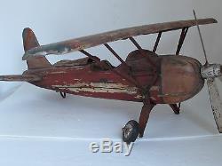 Vintage Large Folk Art Carved Wood Air Plane 1930 1940