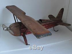 Vintage Large Folk Art Carved Wood Air Plane 1930 1940