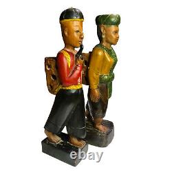 Vintage Large Folk Art Man & Women Smoking Wood Carved Figure Statues