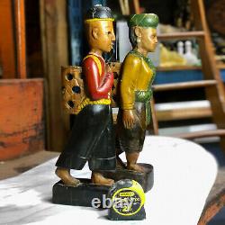 Vintage Large Folk Art Man & Women Smoking Wood Carved Figure Statues