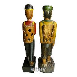 Vintage Large Folk Art Man & Women Smoking Wood Carved Figure Statues