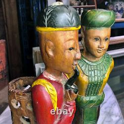 Vintage Large Folk Art Man & Women Smoking Wood Carved Figure Statues