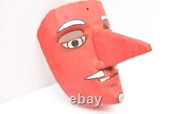 Vintage MEXICAN FOLK ART Carved WOOD DANCE MASK Veracruz RED LARGE NOSE Carnival
