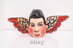 Vintage MEXICAN GUERRERO FOLK ART CARVED WOOD ANGEL Cherub MASK Hanging Putti