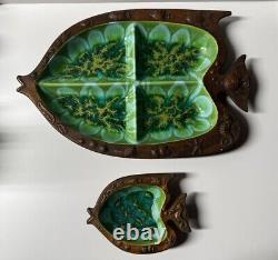 Vintage Majolica Style Leaf Tray by Ramon Orta Haitian Folk Art Carved Wood
