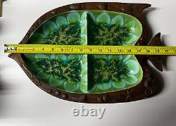 Vintage Majolica Style Leaf Tray by Ramon Orta Haitian Folk Art Carved Wood