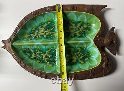 Vintage Majolica Style Leaf Tray by Ramon Orta Haitian Folk Art Carved Wood