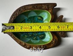 Vintage Majolica Style Leaf Tray by Ramon Orta Haitian Folk Art Carved Wood