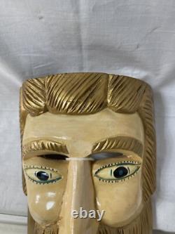Vintage Mexican Carved Wood Lacquer Man Folk Art Dance Mask Antique RARE