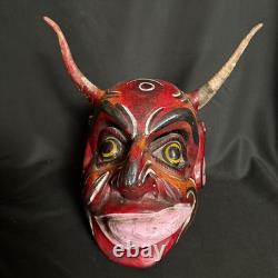 Vintage Mexican Diablo Dance Mask Carved Wood Real Horns Rattling Folk Art Devil