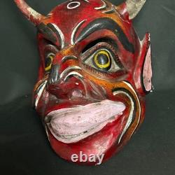 Vintage Mexican Diablo Dance Mask Carved Wood Real Horns Rattling Folk Art Devil