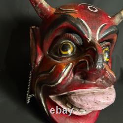 Vintage Mexican Diablo Dance Mask Carved Wood Real Horns Rattling Folk Art Devil