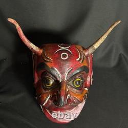 Vintage Mexican Diablo Dance Mask Carved Wood Real Horns Rattling Folk Art Devil