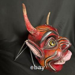 Vintage Mexican Diablo Dance Mask Carved Wood Real Horns Rattling Folk Art Devil