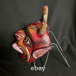 Vintage Mexican Diablo Dance Mask Carved Wood Real Horns Rattling Folk Art Devil