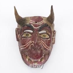 Vintage Mexican Diablo Mask Handmade Wood Carved Painted Wooden Wall Folk Art