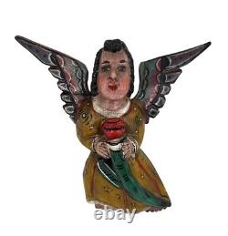 Vintage Mexican Folk Art Carved Wood Hand Painted Full Wing / Body Angel 12