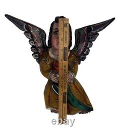 Vintage Mexican Folk Art Carved Wood Hand Painted Full Wing / Body Angel 12