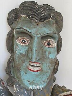 Vintage Mexican Folk Art Carved Wood Mask Woman with Snakes from Guerrero 1970's