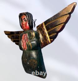Vintage Mexican Folk Art Carved Wood Painted Winged Full Wall Angel 15