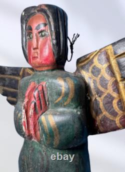 Vintage Mexican Folk Art Carved Wood Painted Winged Full Wall Angel 15