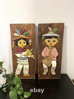 Vintage Mexican Folk Art Carved Wood Set Of Young Girl And Boy Wood Plaque