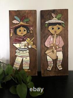 Vintage Mexican Folk Art Carved Wood Set Of Young Girl And Boy Wood Plaque