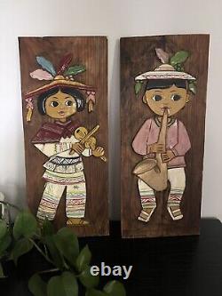 Vintage Mexican Folk Art Carved Wood Set Of Young Girl And Boy Wood Plaque