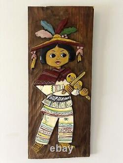 Vintage Mexican Folk Art Carved Wood Set Of Young Girl And Boy Wood Plaque