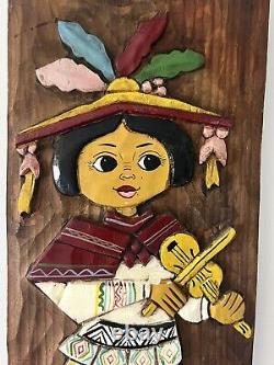 Vintage Mexican Folk Art Carved Wood Set Of Young Girl And Boy Wood Plaque