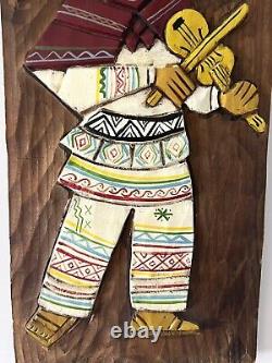 Vintage Mexican Folk Art Carved Wood Set Of Young Girl And Boy Wood Plaque