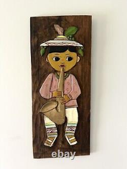 Vintage Mexican Folk Art Carved Wood Set Of Young Girl And Boy Wood Plaque