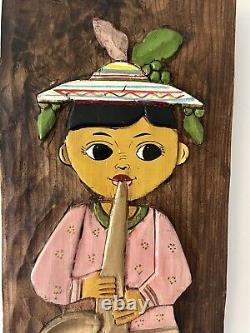 Vintage Mexican Folk Art Carved Wood Set Of Young Girl And Boy Wood Plaque