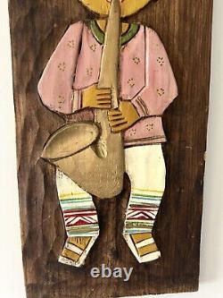 Vintage Mexican Folk Art Carved Wood Set Of Young Girl And Boy Wood Plaque