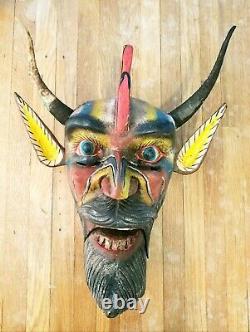Vintage Mexican Folk Art Devil Mask Handpainted Carved Goat Horns Guerrero