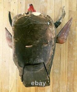 Vintage Mexican Folk Art Devil Mask Handpainted Carved Goat Horns Guerrero