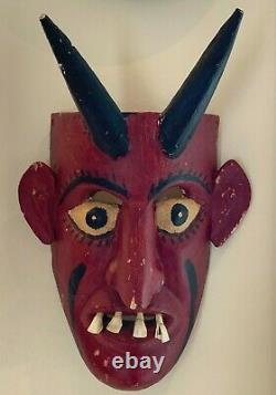 Vintage Mexican Folk Art Devil Red Wooden Carved Mask